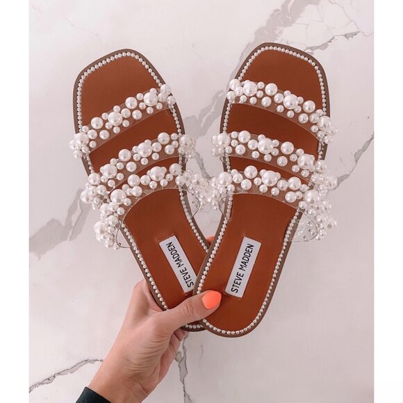 Steve Madden Taye Pearl Beaded Clear Strap Slip On Sandals Bridal Wedding 6.5 - Picture 1 of 10